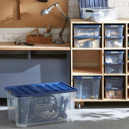 SUNDIS Wave Box, 9er-set Aufbewahrungsboxen mit deckel, 25L, mit clips, transparentem Kunststoff, stapelbar, ideal zum Aufbewahren unter dem Bett, im Ankleidezimmer, im Büro, im Waschküche