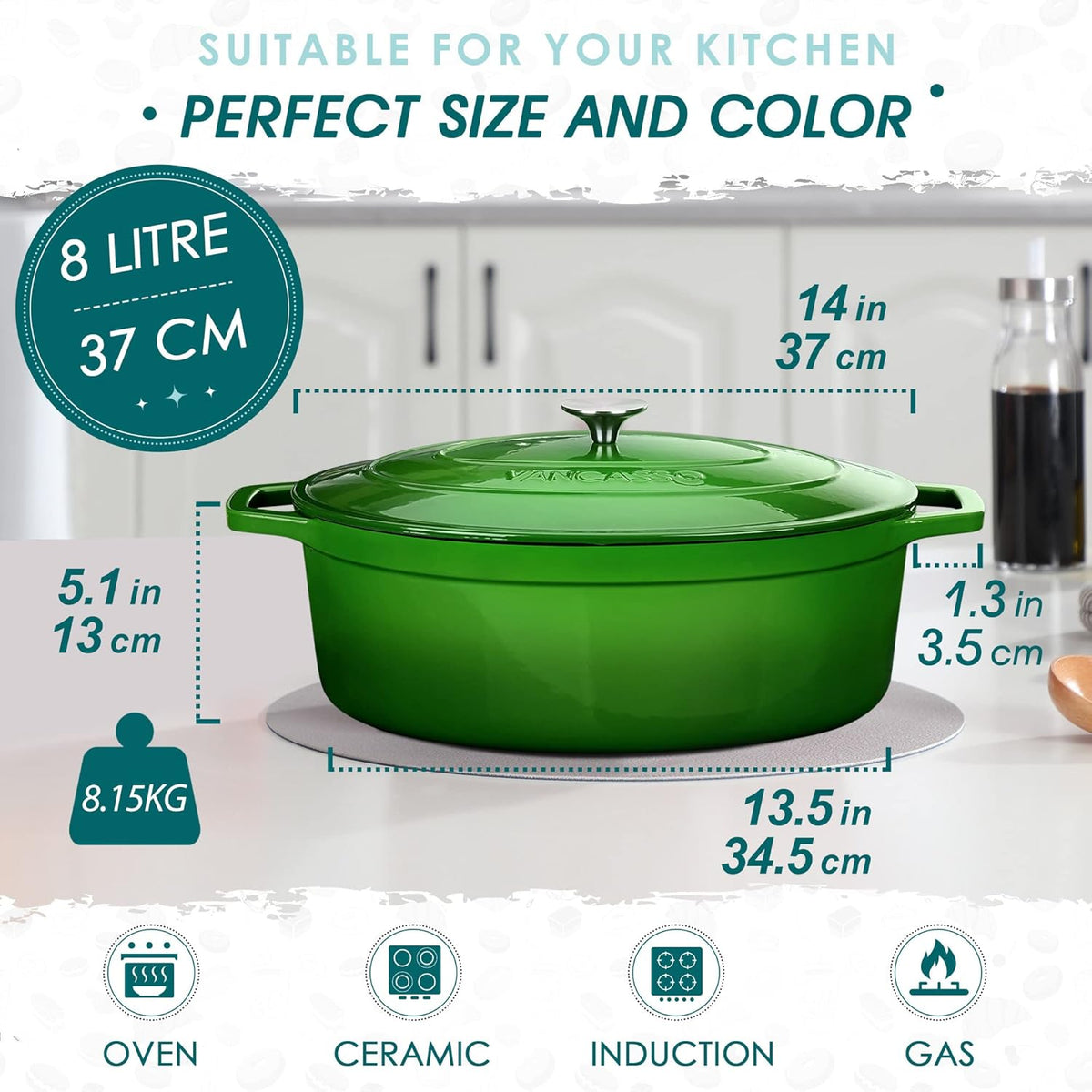 Vancasso Cast Iron Pan, Bread Bins, 8 Litres, Diameter 37 cm, Enamel Pan, Induction, Stewpan, Casserole for Gas Stove, Ceramic Hob, Induction/Oven, Large, Dutch Oven, Green - QUORE