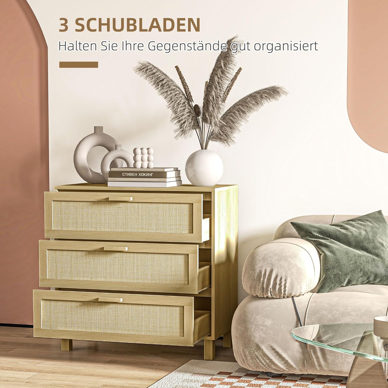 HOMCOM chest of drawers side cabinet with 3 drawers chest of drawers MDF natural 80 x 40 x 80 cm - QUORE