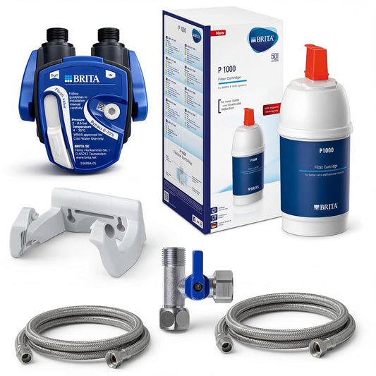 Ondergrondse waterfilter: BRITA filterkop, BRITA filter P1000, flexibele slang, hoekventieladapter