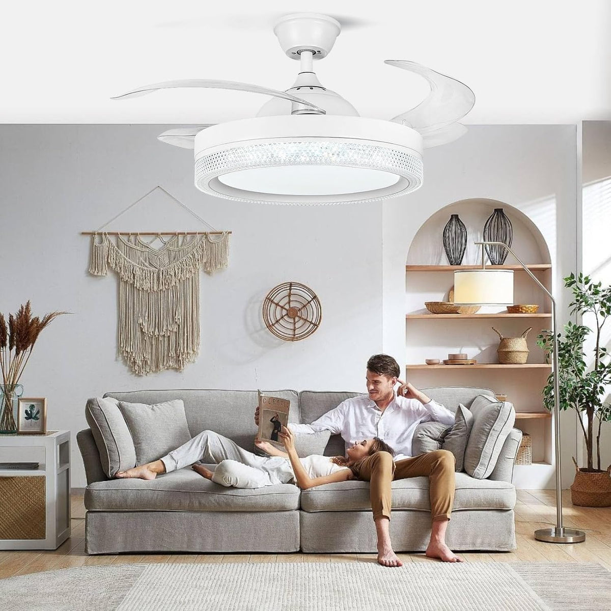 Horevo Plafondventilator met LED-verlichting Intrekbare plafondventilator met afstandsbediening, 42-inch onzichtbare bladen verborgen ventilator, ingebouwde dimbare plafondlamp en Bluetooth-luidspreker voor slaapkamer Woonkamer Eetkamer