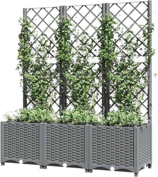 Gecheer Planter with trellis trough planter with garnished trellis, rectangular flower pot with grid, flower raised bed light grey 120x40x136cm PP - QUORE