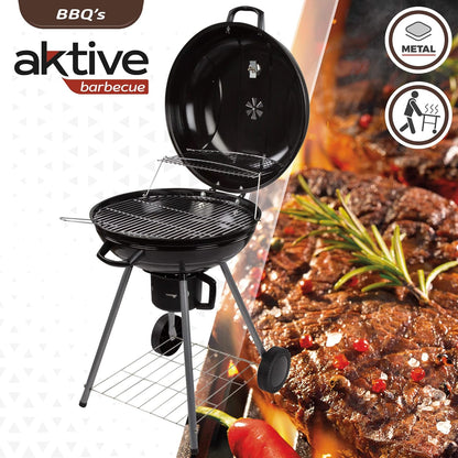 Aktive 52803 Draagbare houtskoolgrill, ronde grill met deksel, diameter 57 x 86 cm, met geïntegreerd ventilatiesysteem en asbak, temperatuurregeling, 2 wielen voor eenvoudig transport