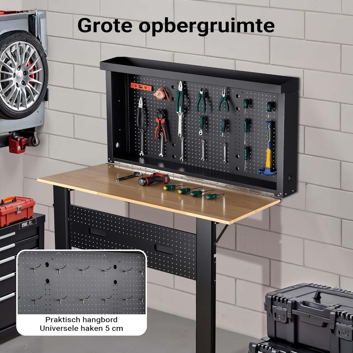 Wiltec werkbank voor wandmontage tot 200 kg, inklapbare gereedschapsbank 120,5 x 82,5 x 162 cm met geperforeerde plaat als achterwand