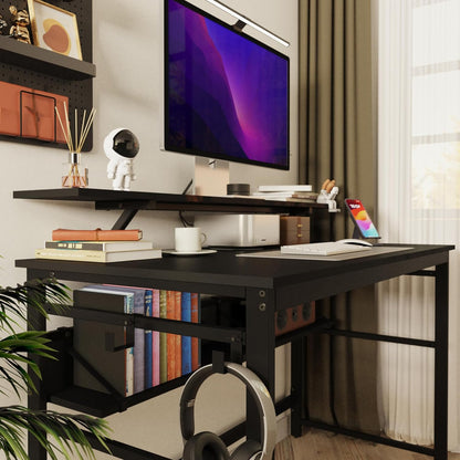 Mondeer Computerbureau, werkstation schrijfbureau met 2 verstelbare opbergplanken en grote monitorstandaard, ruimtebesparend voor thuiskantoor studio, 120 x 60 x 90 cm, zwart