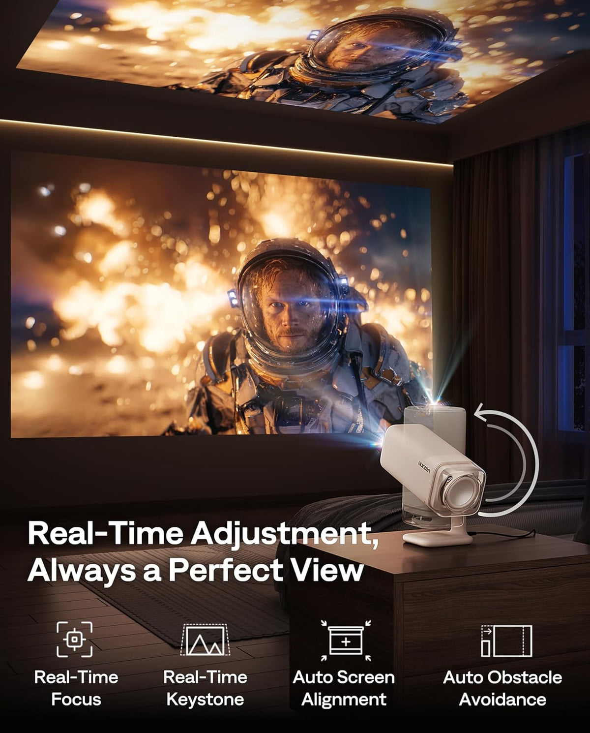 Aurzen BOOM Air Google TV Smart Projector met wifi en Bluetooth, draagbare projector voor buiten- en thuisfilm, 4K-ondersteund, verstelbare standaard, USB-C-voeding, real-time focus, Dolby Audio