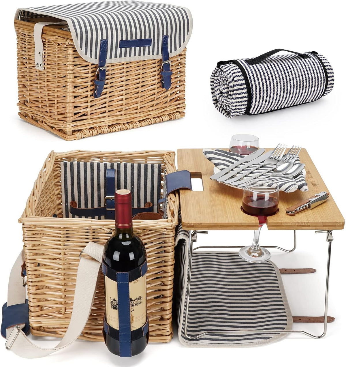 Wicker Willow Hamper Picknickmand voor 2 of 2 personen, cadeauset met bamboe wijntafel, voor camping en feestjes in de open lucht, herbruikbaar