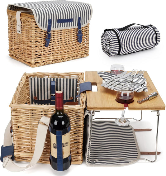 Wicker Willow Hamper Picknickmand voor 2 of 2 personen, cadeauset met bamboe wijntafel, voor camping en feestjes in de open lucht, herbruikbaar