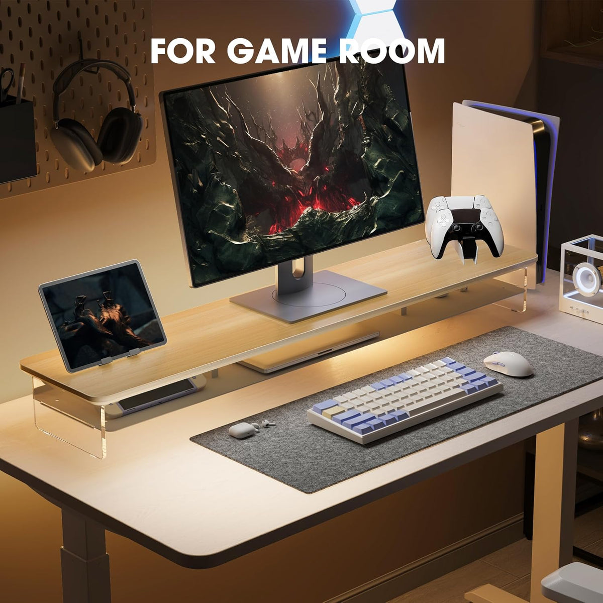Fenge Monitorstandaard Acrilico, Verhoging voor Monitoren met Ruime Opbergruimte, Universele Monitorstand voor PC, Laptop en TV, Thuis en Kantoor (Eik, 108cm)