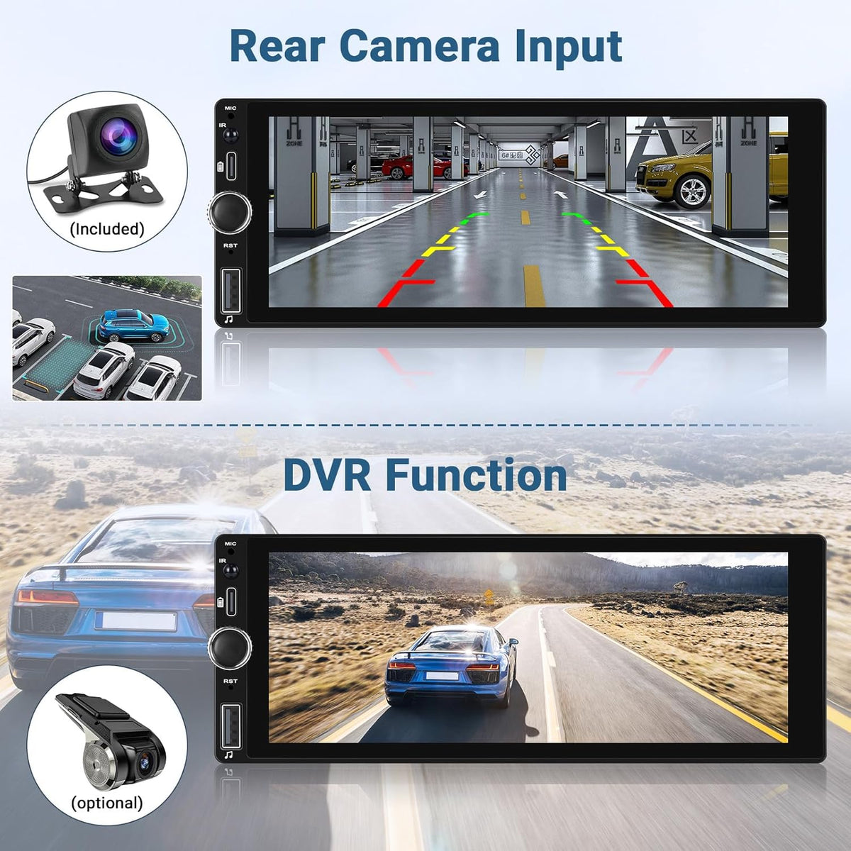 2+64GB Android 1 Din Autoradio Draadloze Carplay Android Auto, 6,9 Inch Touch Screen Display GPS Navi Radio met Bluetooth Mirror Link WiFi FM RDS USB Achteruitrijcamera