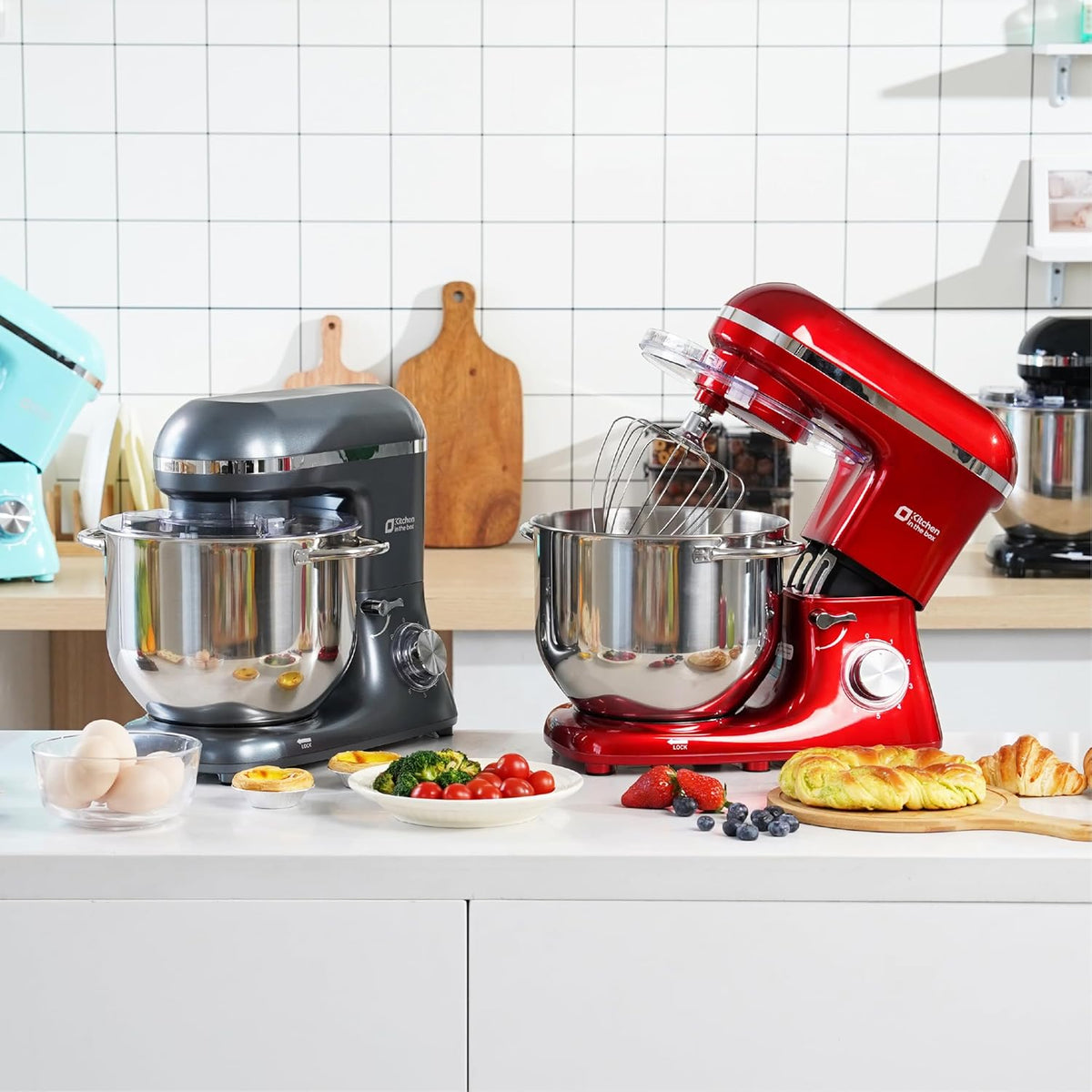Kitchen in the box Keukenmachine,7,5 L Staande Mixer 1400W – Deegmixer met Planetaire Mengtechniek, Menghaak, Deeghaak, Garde (Rood)