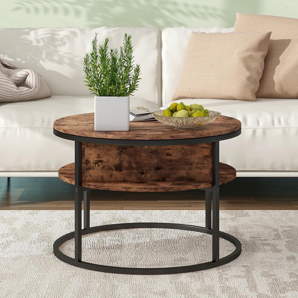 HOJINLINERO Ronde salontafel met lifttop voor woonkamer, Wsooden salontafel met verborgen opslag en lifttop, moderne sofa thee-eindtafels woonkamermeubels, bruin