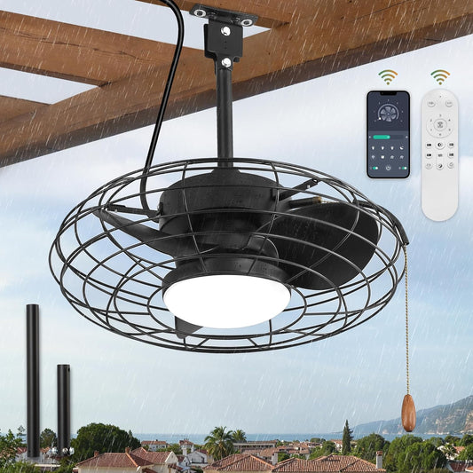 ZMISHIBO Buitenplafondventilator met licht, IP65 waterdicht, kooidesign, afstandsbediening en app-bediening, dimbare led, 3 kleurtemperaturen, voor terras, pergola en paviljoen, 15/25 cm stangen, 5 m