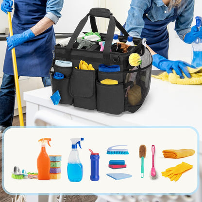 LoDrid reinigingstas met afneembare trolley, draagbare reinigingswagen op wielen voor schoonmaakmiddelen, professionele werktas op wielen voor schoonmaken, zwart