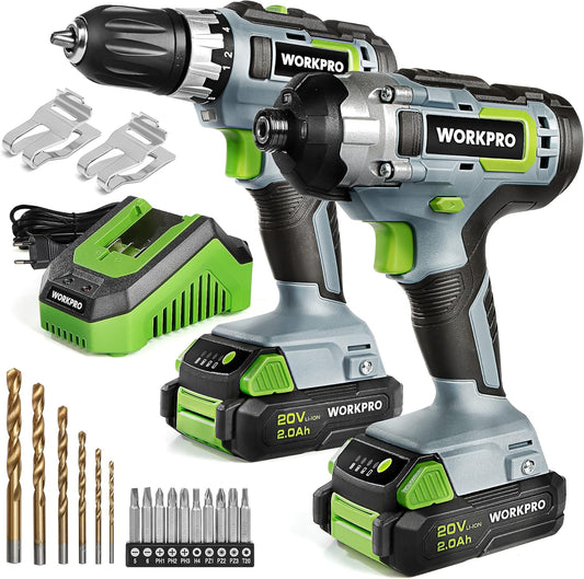 WORKPRO 2-piece cordless screwdriver impact screwdriver set 20 V 2.0 Ah, 2 batteries and charger incl. - QUORE