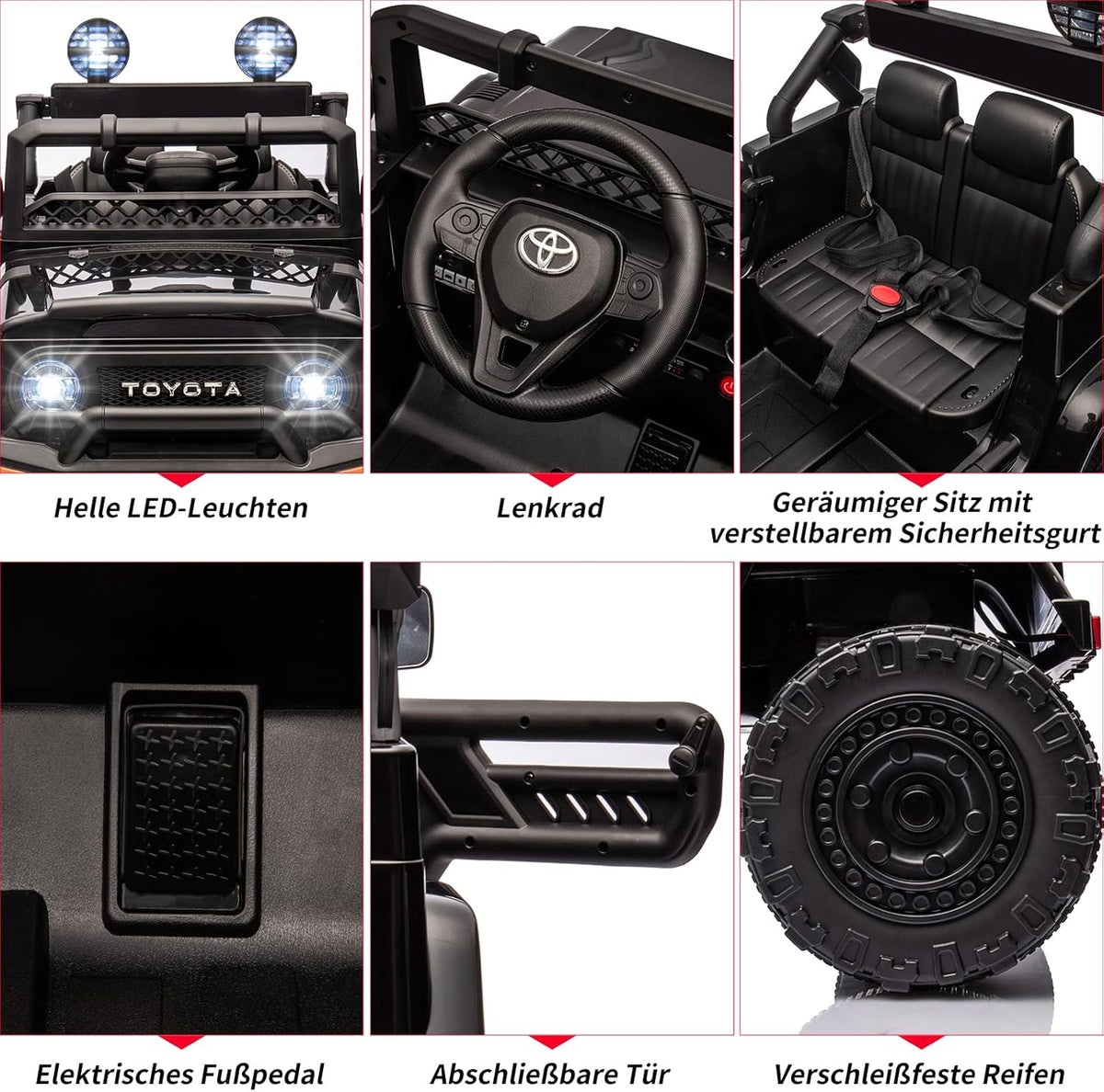 12 V Glijauto voor kinderen, gelicentieerde Toyota-glijauto, op batterijen, elektrische kinderauto met afstandsbediening, muziek, ledverlichting, veersysteem, dubbele deuren, veiligheidsgordel (zwart)