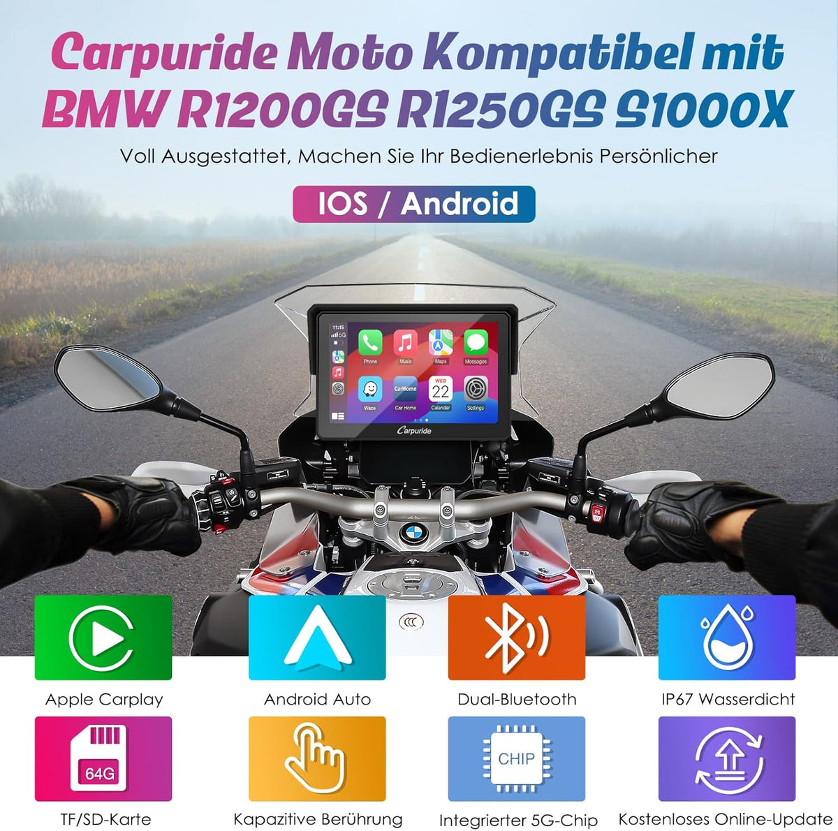 Carpuride w502b Motorfiets Carplay Scherm voor BMW R1200GS R1250GS S1000XR Motorfiets, 5 inch Waterdicht Touchscreen, Draagbare Carplay/Android Auto GPS Navigatie voor Motorfiets, Dual Bluetooth