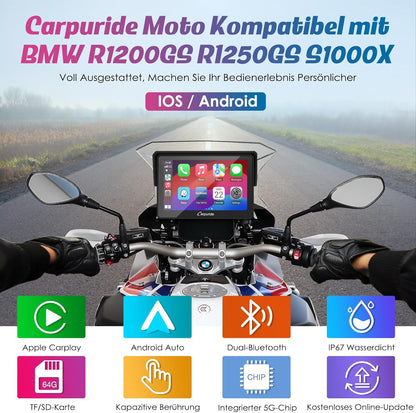 Carpuride w502b Motorfiets Carplay Scherm voor BMW R1200GS R1250GS S1000XR Motorfiets, 5 inch Waterdicht Touchscreen, Draagbare Carplay/Android Auto GPS Navigatie voor Motorfiets, Dual Bluetooth