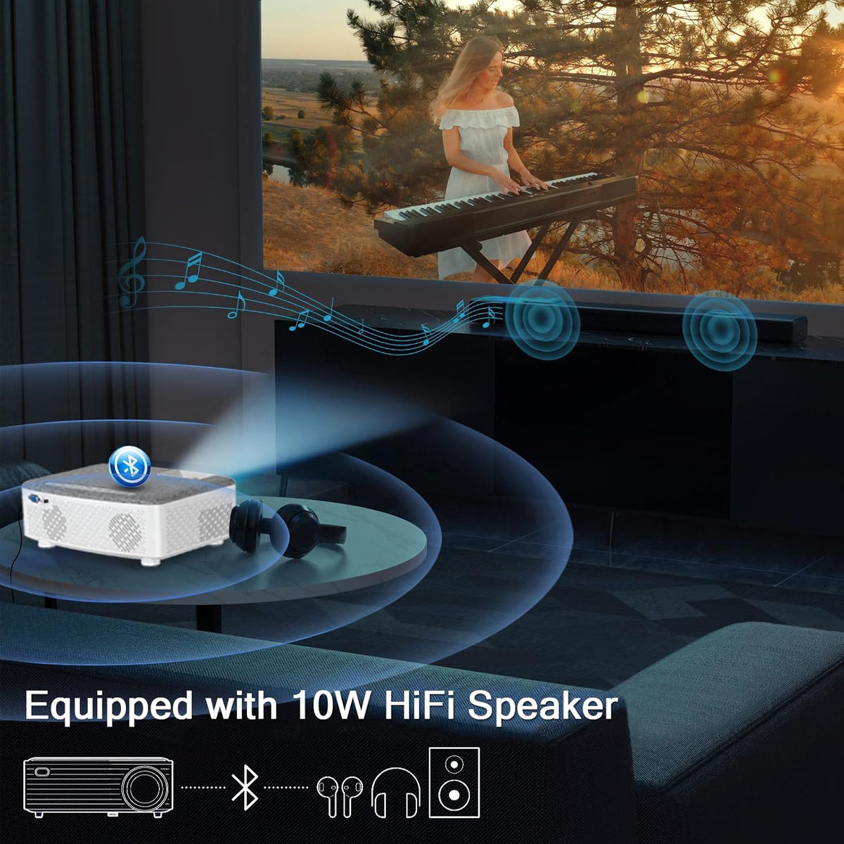 Beamer, wifi-beamer met 120 inch scherm, 7500 lumen WLAN Bluetooth beamer ondersteuning 1080p video, met hifi-luidspreker, compatibel met Fire Stick, smartphone, tablet