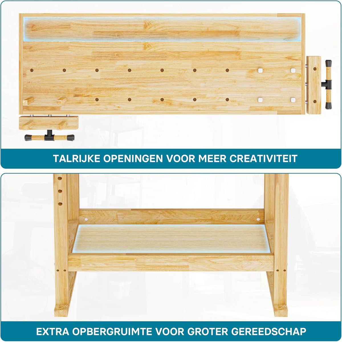 Werkbank 145x49x86cm hout (Rubberwood) met schuiflade, opbergbak, spantangen en bankschroeven
