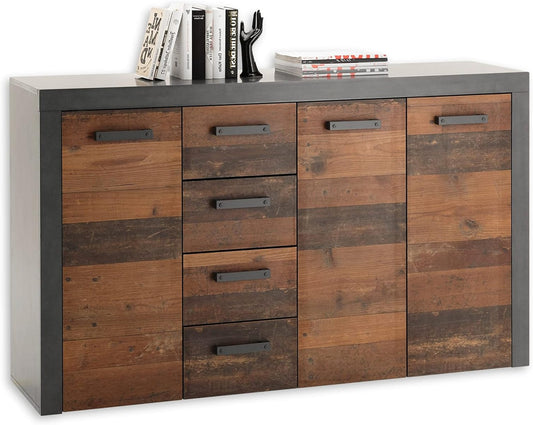 Dressoirkast – Kast – Ladekast – Opbergkast – Buffetkast – Oude Houtlook – Stevig Houtmateriaal – 152x92x38 cm – Grafietgrijs Frame