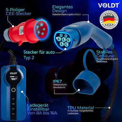 VOLDT Type 2 oplaadkabel, 11 kW, EV-oplader met CEE-stekker, 8 A - 16 A, driefasige mobiel Wallbox-laadstation met display, voor elektrische voertuigen, IP69, TÜV, CE-beschermd, draagbare oplader (10
