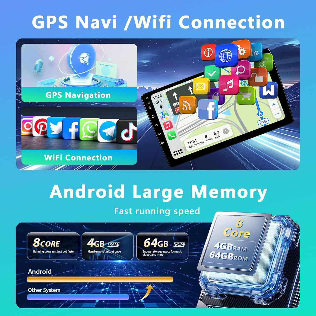 4+64G Carplay Auto Radio 2 din Android met Bluetooth, Motorsi Dubbele din Radio Auto met Scherm, Stereo Auto Support GPS -Navigatie/Mirrorlink/FM/WIFI/USB/SWC + Achteruitrijcamera + Microfoon
