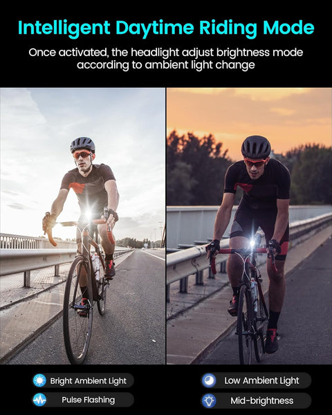 Fietslamp - Fietslicht - Oplaadbaar Fietsverlichting - met Intelligente Nachtrijmodus & Dagrijmodus - Automatische Helderheidsregeling - Opladen & Ontladen - USB-C - IPX7 Waterdicht - voor Fiets - Aluminium - 1400Lm - Zwart