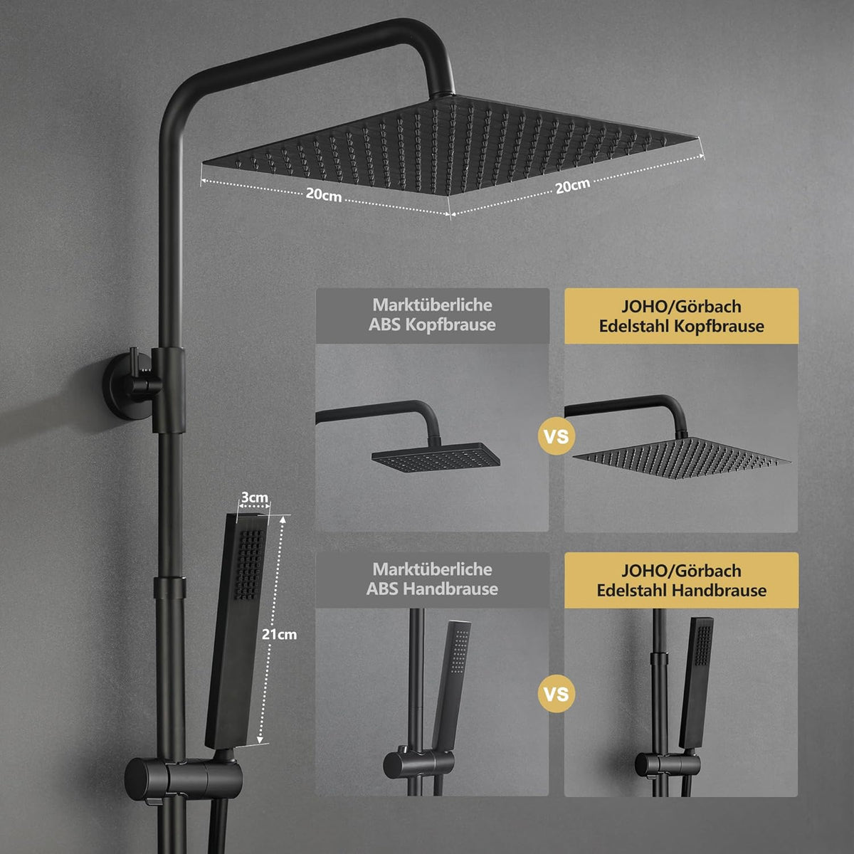 Douchekraan – Douchemengkraan – Douchethermostaat – Doucheset – Thermostaatkraan – Zwart – Roestvrij Staal 304 – Grote Regendouche 20x20 cm