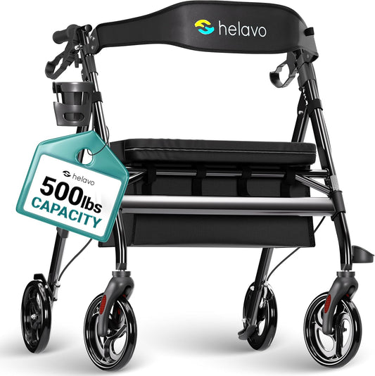 Helavo extra brede rollator met grote, in hoogte verstelbare zitting - Opvouwbare zware rollator van aluminium - Belastbaar tot 226 kg