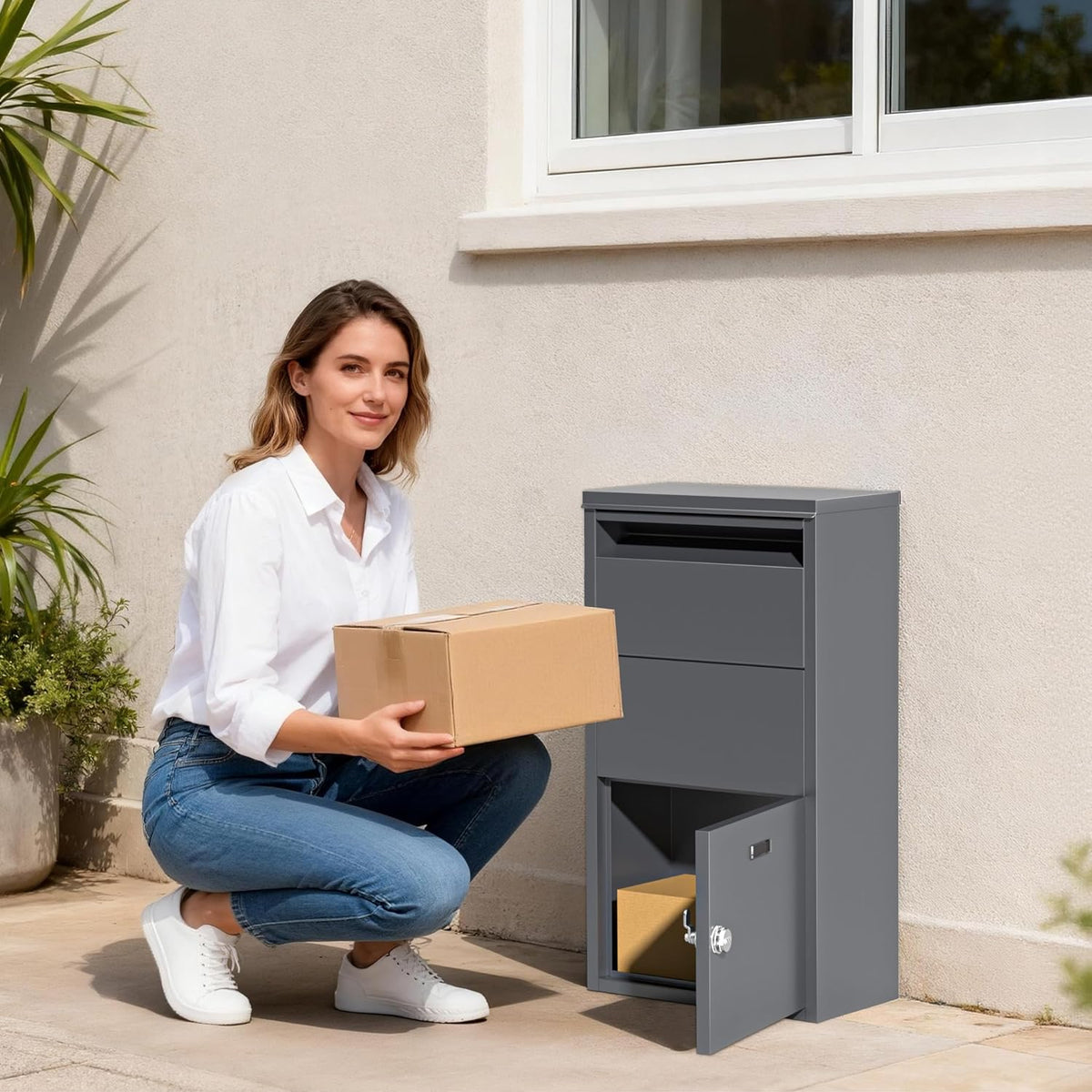 Wiltec parcel box anthracite 410 x 220 x 750 mm, parcel box for home, private package reception suitable for parcels and parcels, standing mailbox made of steel