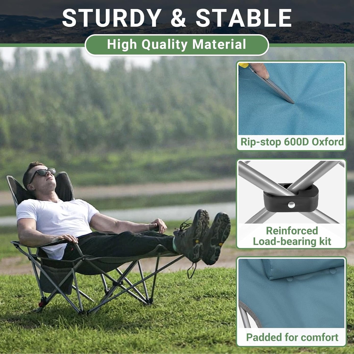 #WEJOY 2-in-1 campingstoel, opvouwbaar met voetensteun, gevoerde ligstoel met verstelbare rugleuning, relaxstoel, ligstoel met bekerhouder, ligstoel voor outdoor, camping, cyaan, set van 2