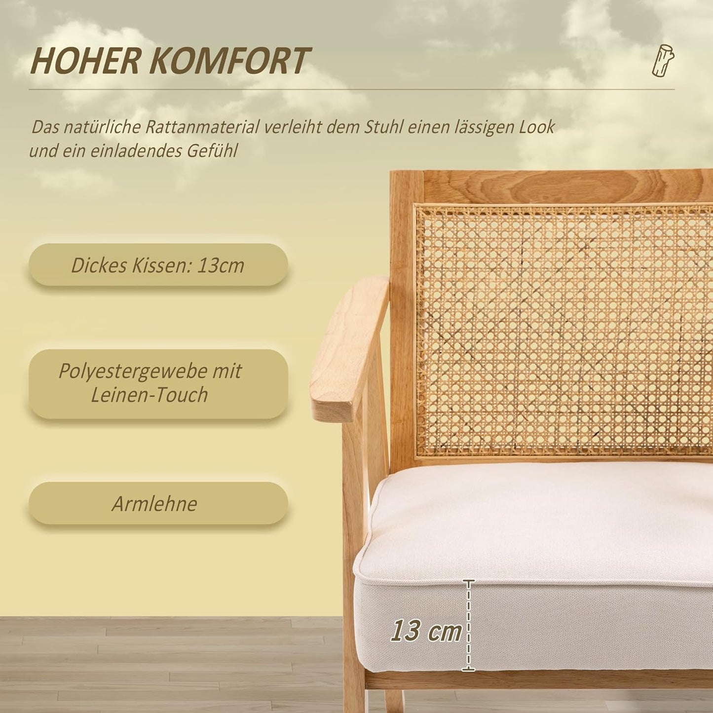 HOMCOM Sessel Wohnzimmer Relaxsessel mit Armlehnen, Sitzkissen, Loungesessel mit Rattan-Rückenlehne, Lesesessel mit Leinen-Optik, Holzrahmen, Polstersessel für Schlafzimmer Creme - QUORE