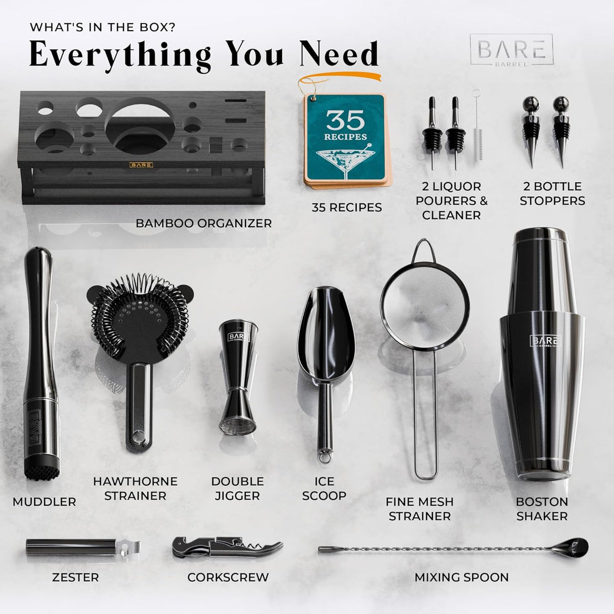 Cocktailset Zwart – Bartenderset – Cocktailshakerset – Barset – Cocktailcadeauset – 16-Delig Met Bamboe Standaard – 35 Receptkaarten