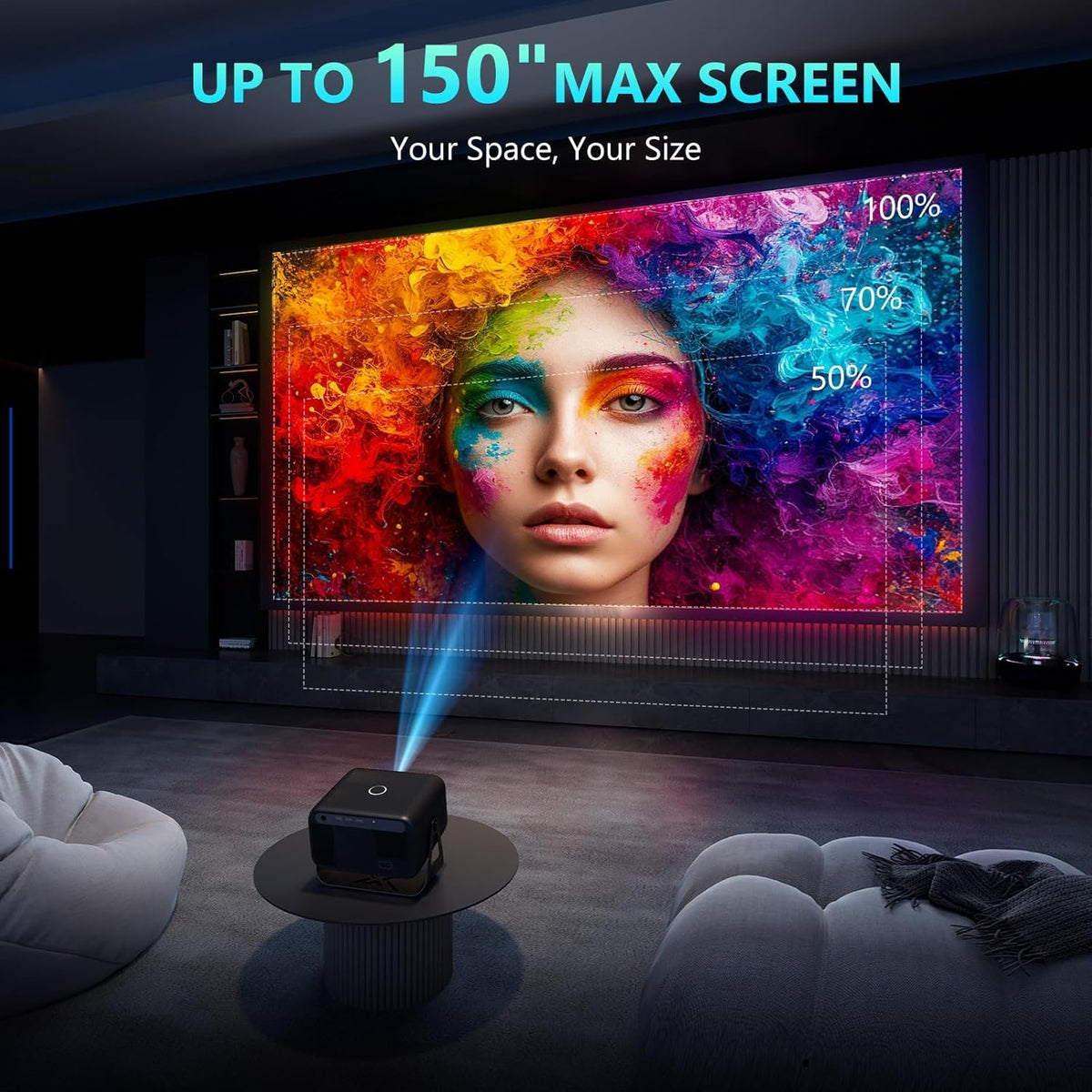 Beamer 4K thuisbioscoop met 500 ANSI lumen, Native 1080P, ondersteunt 4K, automatische focus en trapeziumcorrectie, wifi 6 en Bluetooth 5.0, Smart beamer 4K voor slaapkamer en thuisbioscoop