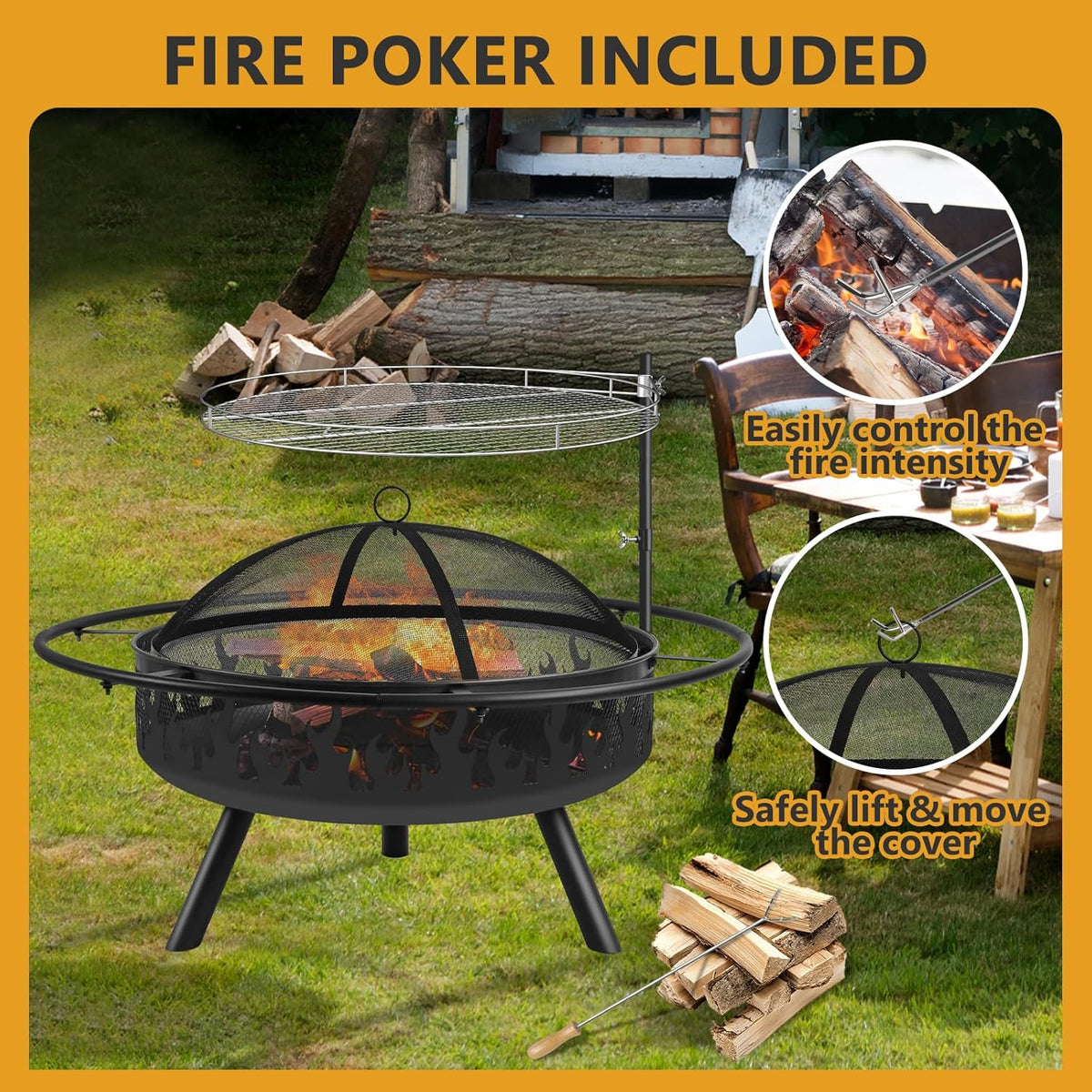 Kalolary 36 Inch Grote Buitenvuurkorven, 2 in 1 Tuinvuurkorf met Stalen BBQ Grill Kookrooster Vuurkorf met Deksel en Vuurpook Zwarte Hittebestendige Vuurkorf voor Tuin, Kampvuur, Kamperen, Picknick