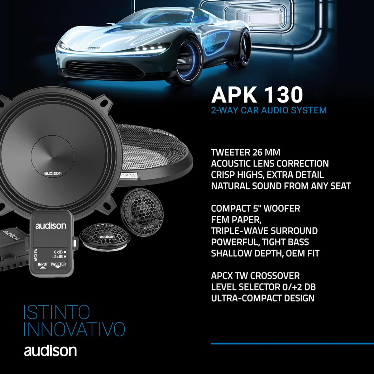 Audison APK 130 2-weg autoluidsprekersysteem, 225W piekvermogen, 5,25 inch componenten met crossover, 4 Ohm impedantie, frequentiebereik van 50 Hz tot 20 kHz, zwart