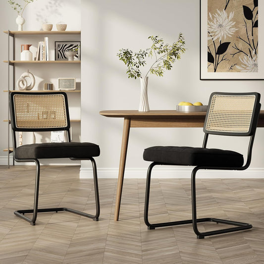 COLAMY Rotan eettafelstoelen, set van 2, fluwelen bekleding met metalen frame, zwart