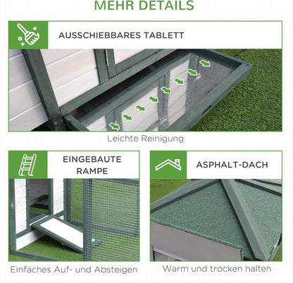 PawHut chicken coop with run chicken house, chicken coop with stick laying nest solid wood natural 196 x 76 x 97 cm - QUORE