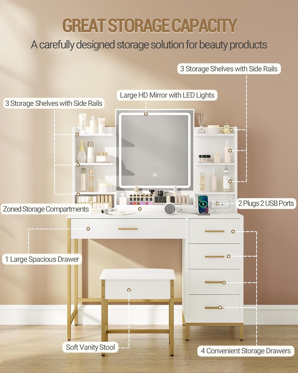 Hzuaneri Dressing Table, Dressing Table, Soft Stool, HD Mirror and Adjustable LED Lighting, Socket And USB Connection, 5 Drawers, Open Storage Compartment, Modern Style, White GoldDT351HDT