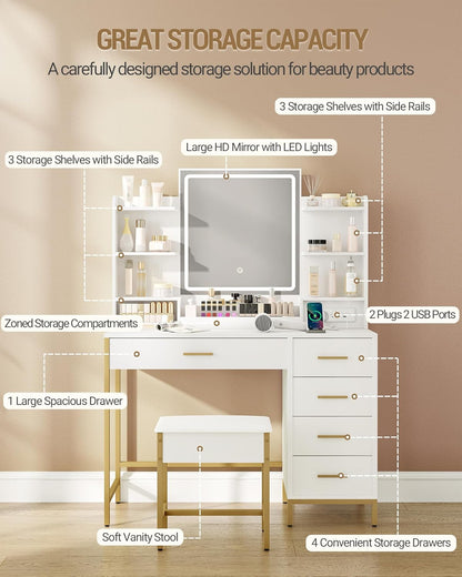 Hzuaneri Dressing Table, Dressing Table, Soft Stool, HD Mirror and Adjustable LED Lighting, Socket And USB Connection, 5 Drawers, Open Storage Compartment, Modern Style, White GoldDT351HDT