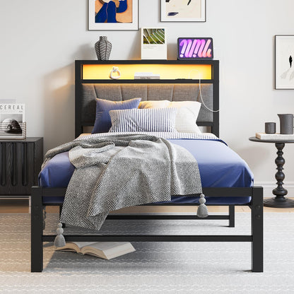 3ft eenpersoonsbedframes met opberghoofdeinde, laadstation/LED-verlichting, metalen gestoffeerd platformbedframe eenpersoons, geen boxspring nodig, ondersteuning voor sterke metalen