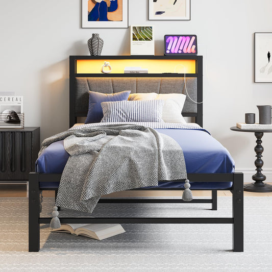 3ft eenpersoonsbedframes met opberghoofdeinde, laadstation/LED-verlichting, metalen gestoffeerd platformbedframe eenpersoons, geen boxspring nodig, ondersteuning voor sterke metalen