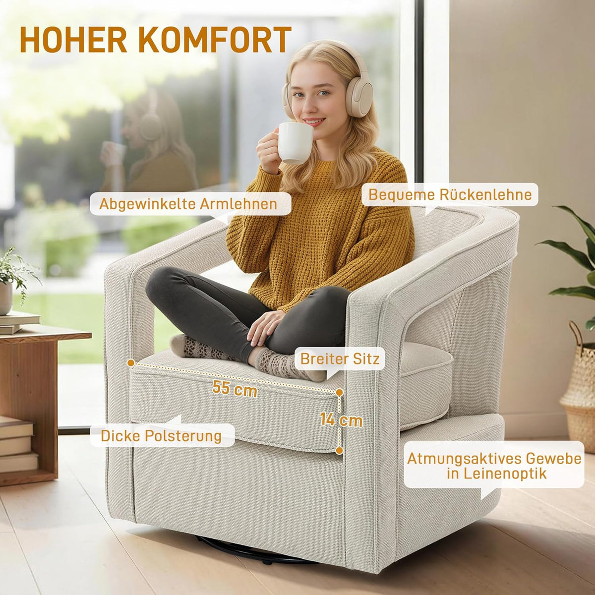 HOMCOM Fauteuil 360° draaibaar Loungestoel Relaxstoel met geïntegreerde rugleuning en armleuningen, linnenlook, gestoffeerde stoel voor slaapkamer Beige