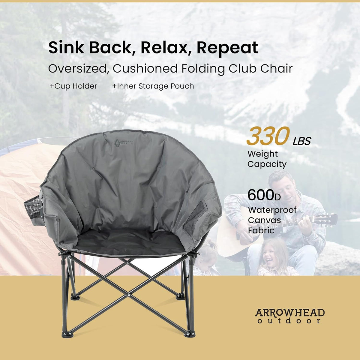 ARROWHEAD OUTDOOR Extra grote robuuste club-campingstoel met buitenvak, bekerhouder, draagbaar, gewatteerd, maan, rond, schotel, ondersteunt 150 kg, draagtas, VS-gebaseerde ondersteuning