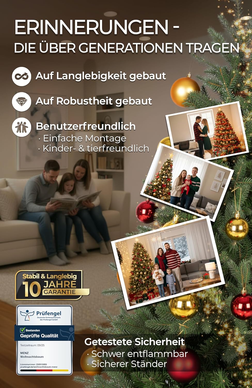 Menz Kunstkerstboom, 180 cm, complete set, kleur groen, dennenboom met dichte takken, stabiele basis, duurzame keuze voor vele jaren, inclusief warmwitte lichtketting voor buiten