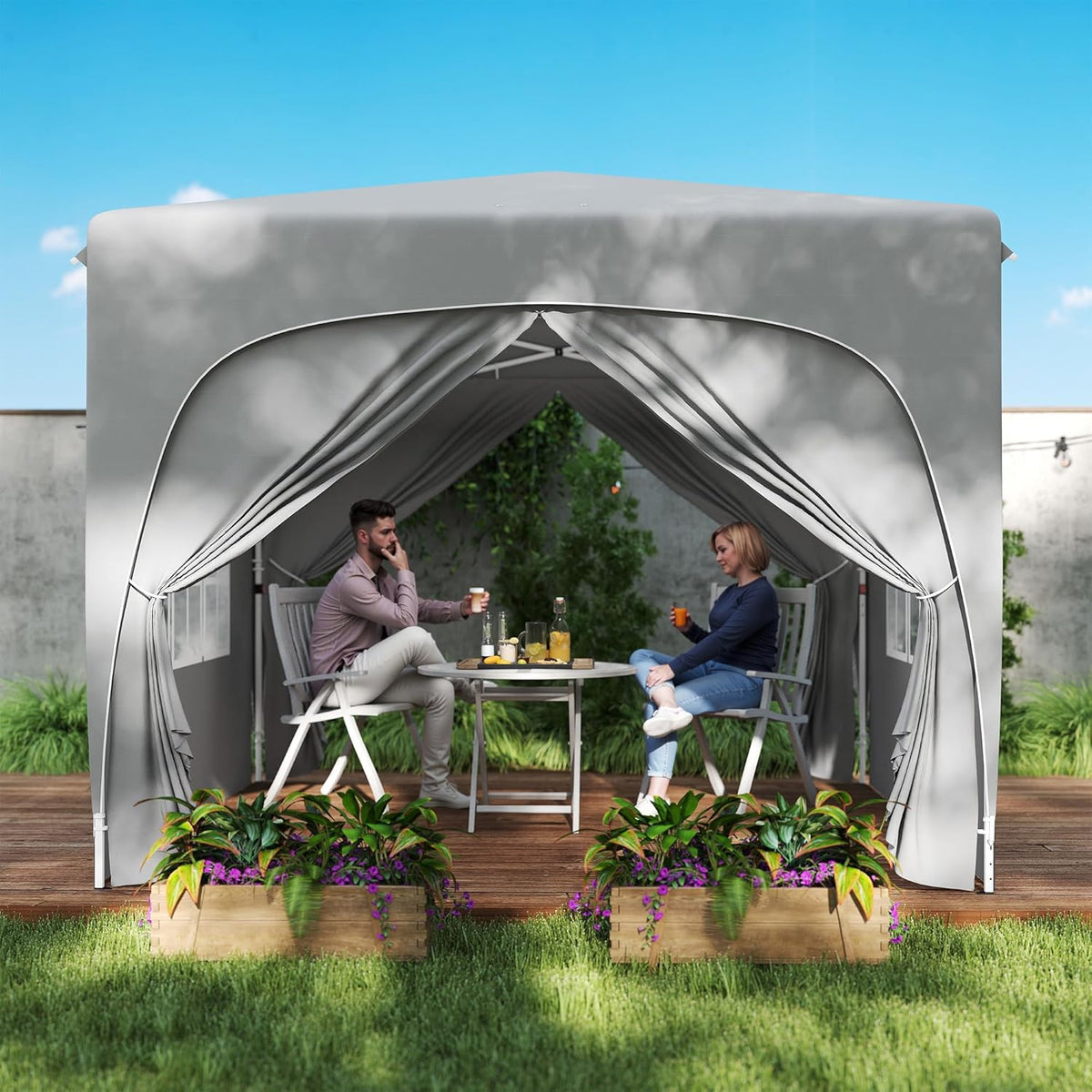 Outsunny Pavillon 3x3m, wasserabweisend Stabil Winterfest Pop-up Faltpavillon, UV Schutz 50+, Faltbar Partyzelt Gartenzelt mit 4 Seitenteilen Tasche Gartenpavillon für Camping Garten, Hellgrau - QUORE