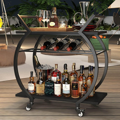 LVB Drankenkar zwart, moderne barwagen, hout en metaal combinatie, 4 draaibare wielen, opbergrek, ideaal voor salon of dining