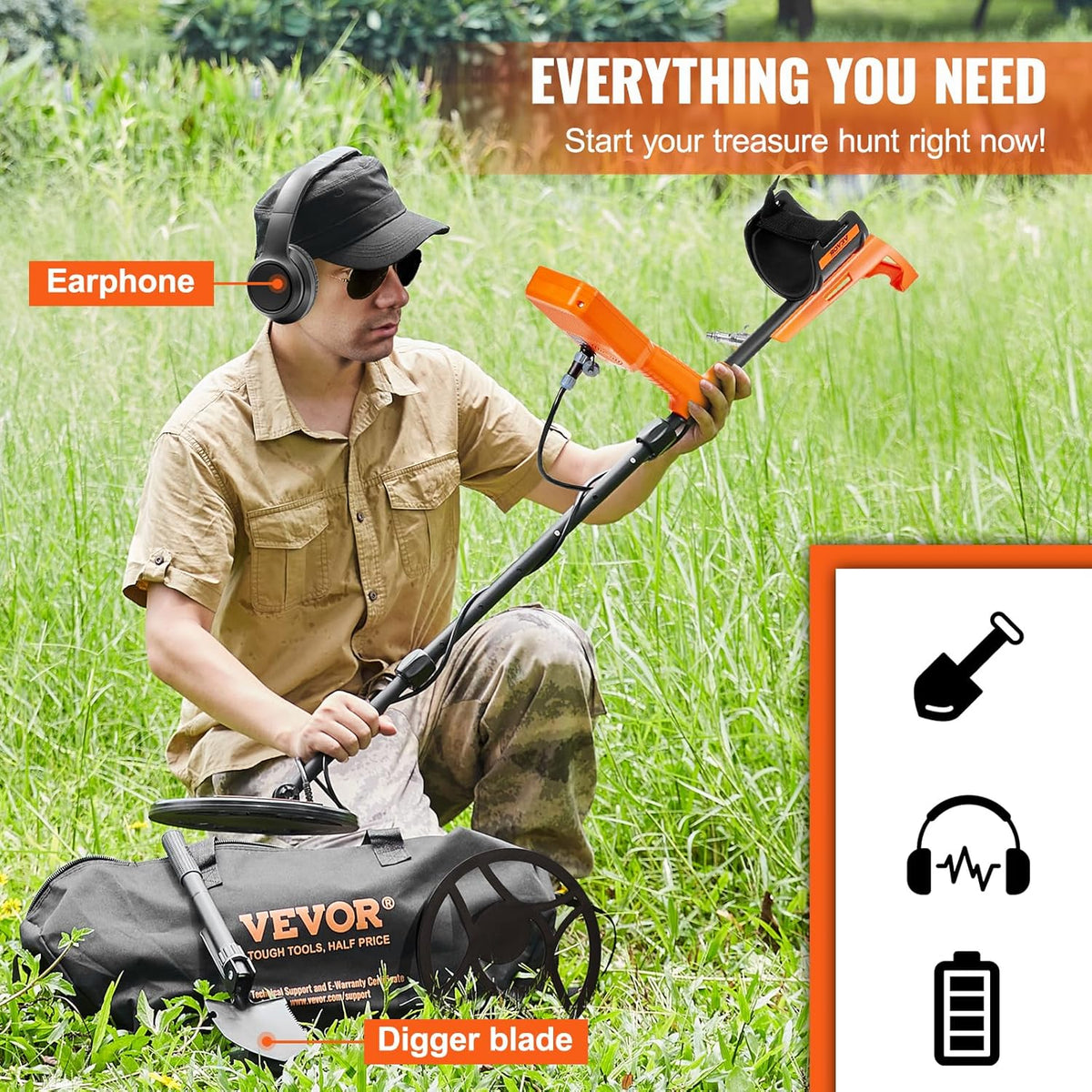VEVOR Metaaldetector, zoekspoel, 30,5 cm, oplaadbaar, 99-127 cm, LCD-scherm, waterdicht, IP68, 7 modi, DSP-chip, bluetooth, voor goudzoeken, schattenjacht, zwart/oranje