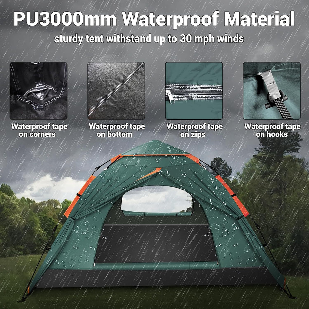 Campingtent, 3 man pop-up tent, automatische instant drielaagse waterdichte 4 seizoenen grote koepeltent en schuilplaatsen met verlengde vloermat veranda 2 halstokken verwijderbare regenvlieg